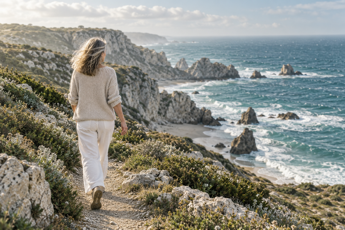 Woman walking along a rocky coastal path