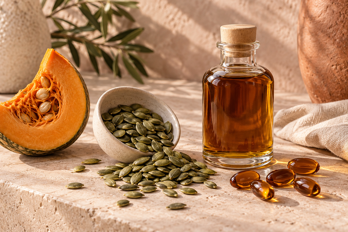 Pumpkin seeds, pumpkin wedge, amber oil and softgels