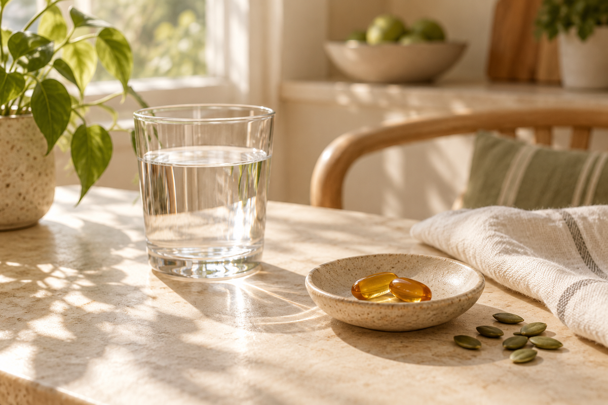 Two golden softgels with a glass of water in morning sunlight
