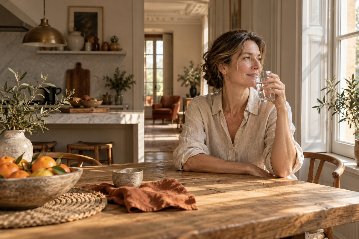 Woman drinking a glass of water at a kitchen table