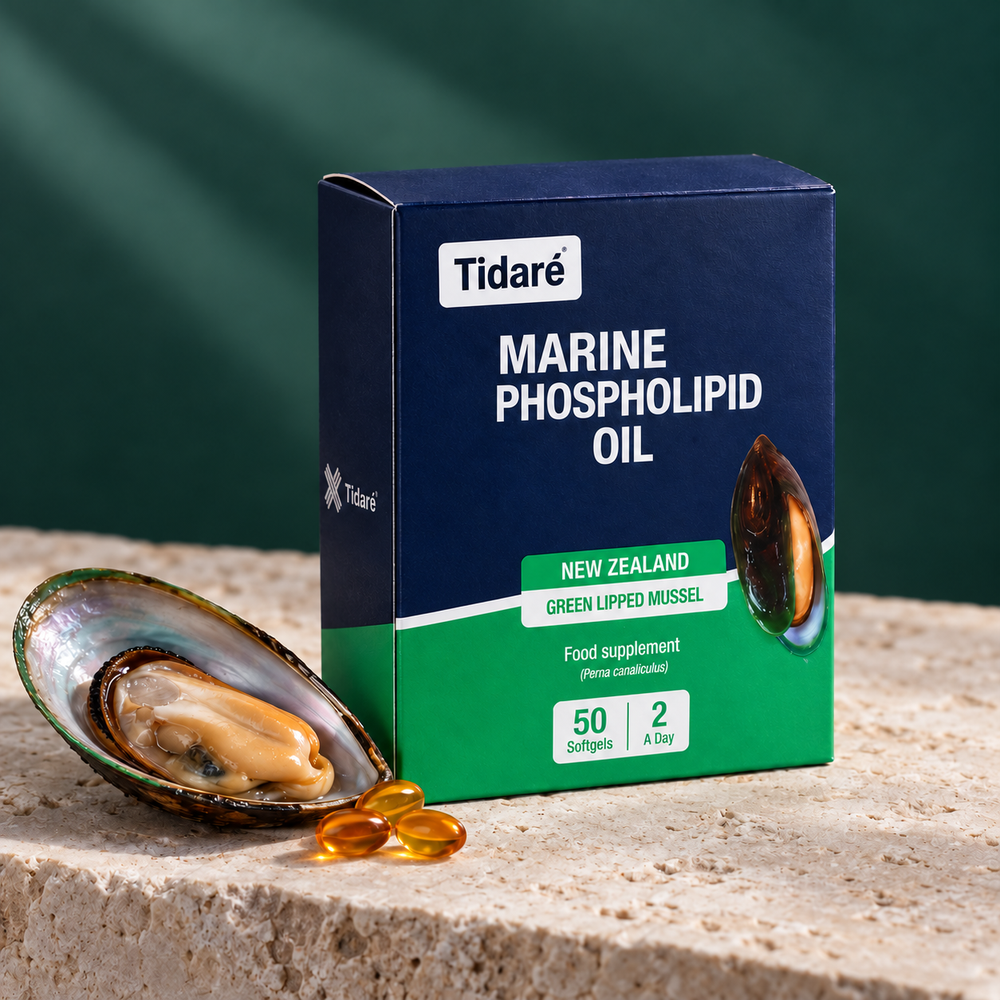 Tidaré marine oil carton with a mussel shell and golden capsules